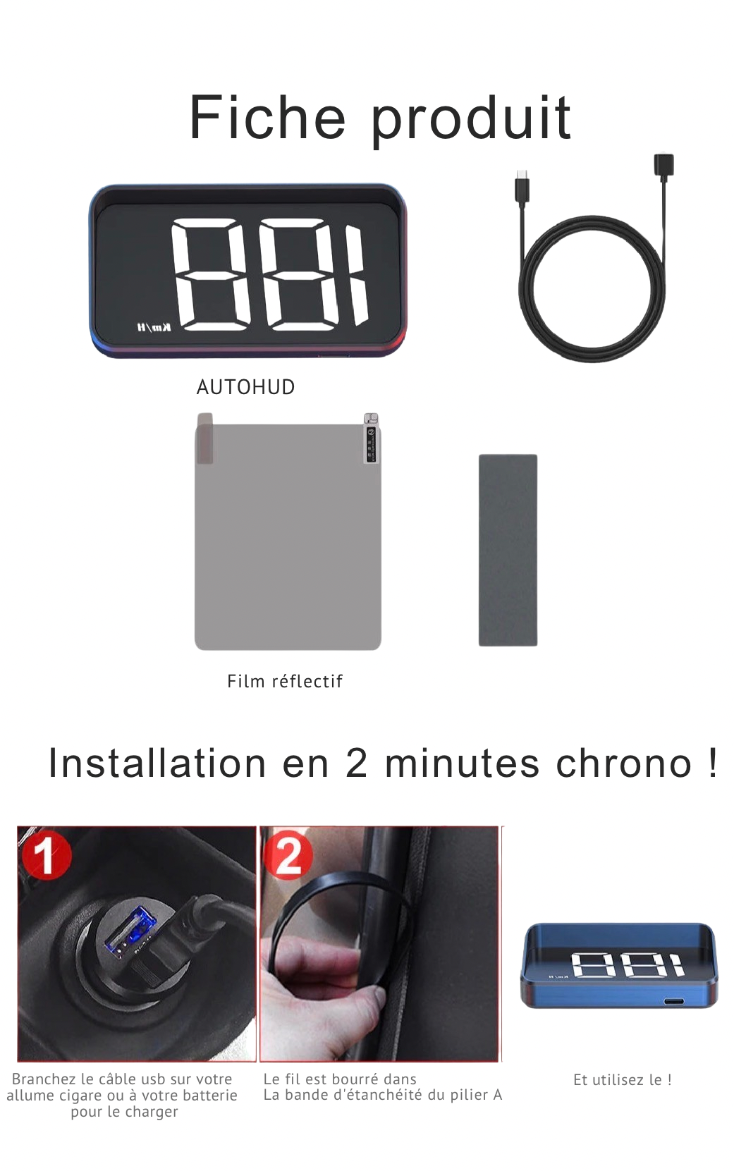 Affichage tête haute M2 GPS HUD Voiture Compteur de vitesse universel KMH Câble USB Plug